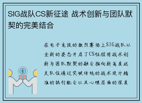 SIG战队CS新征途 战术创新与团队默契的完美结合