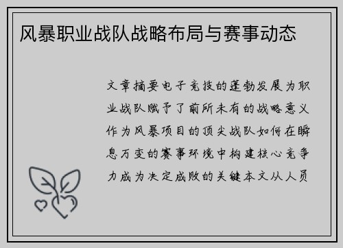 风暴职业战队战略布局与赛事动态