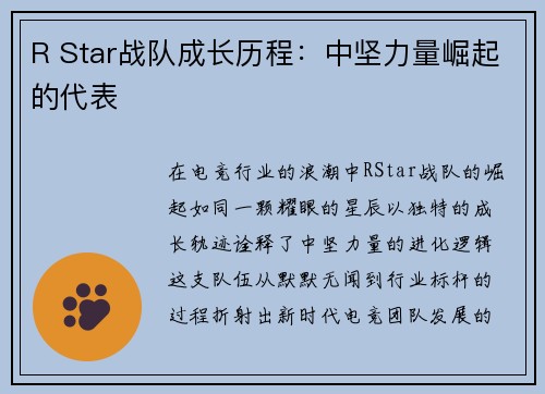 R Star战队成长历程：中坚力量崛起的代表