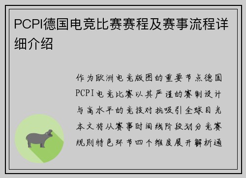 PCPI德国电竞比赛赛程及赛事流程详细介绍