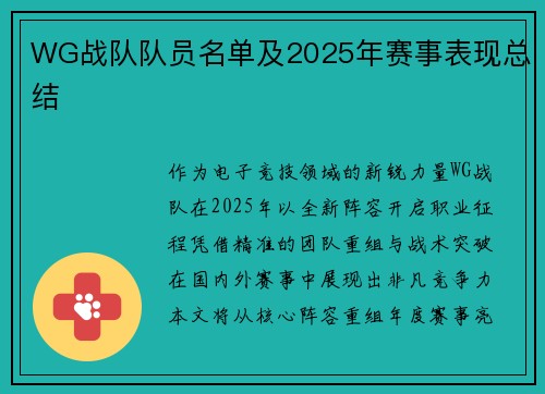 WG战队队员名单及2025年赛事表现总结