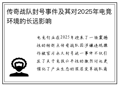 传奇战队封号事件及其对2025年电竞环境的长远影响